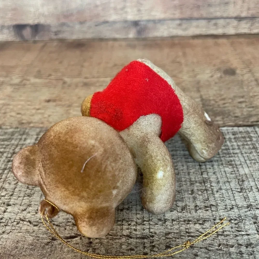 Vintage 1960’s Flocked Teddy Bear Christmas Ornaments-set Of 2 Red Felt/Bow Ties